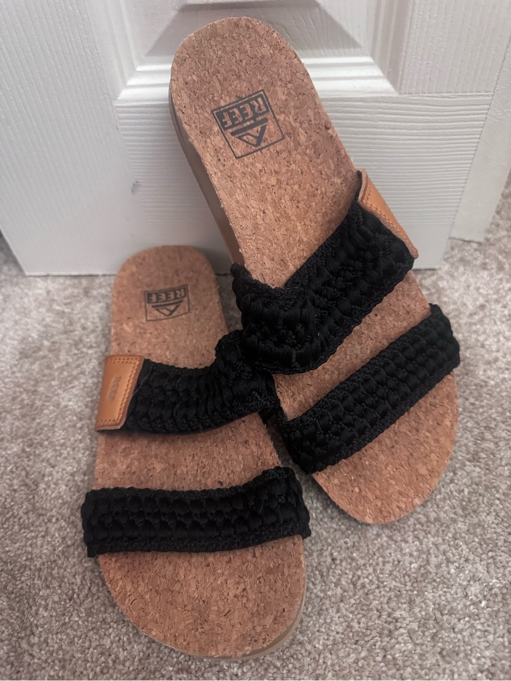 Reef Black Braided Cork Slide Sandals